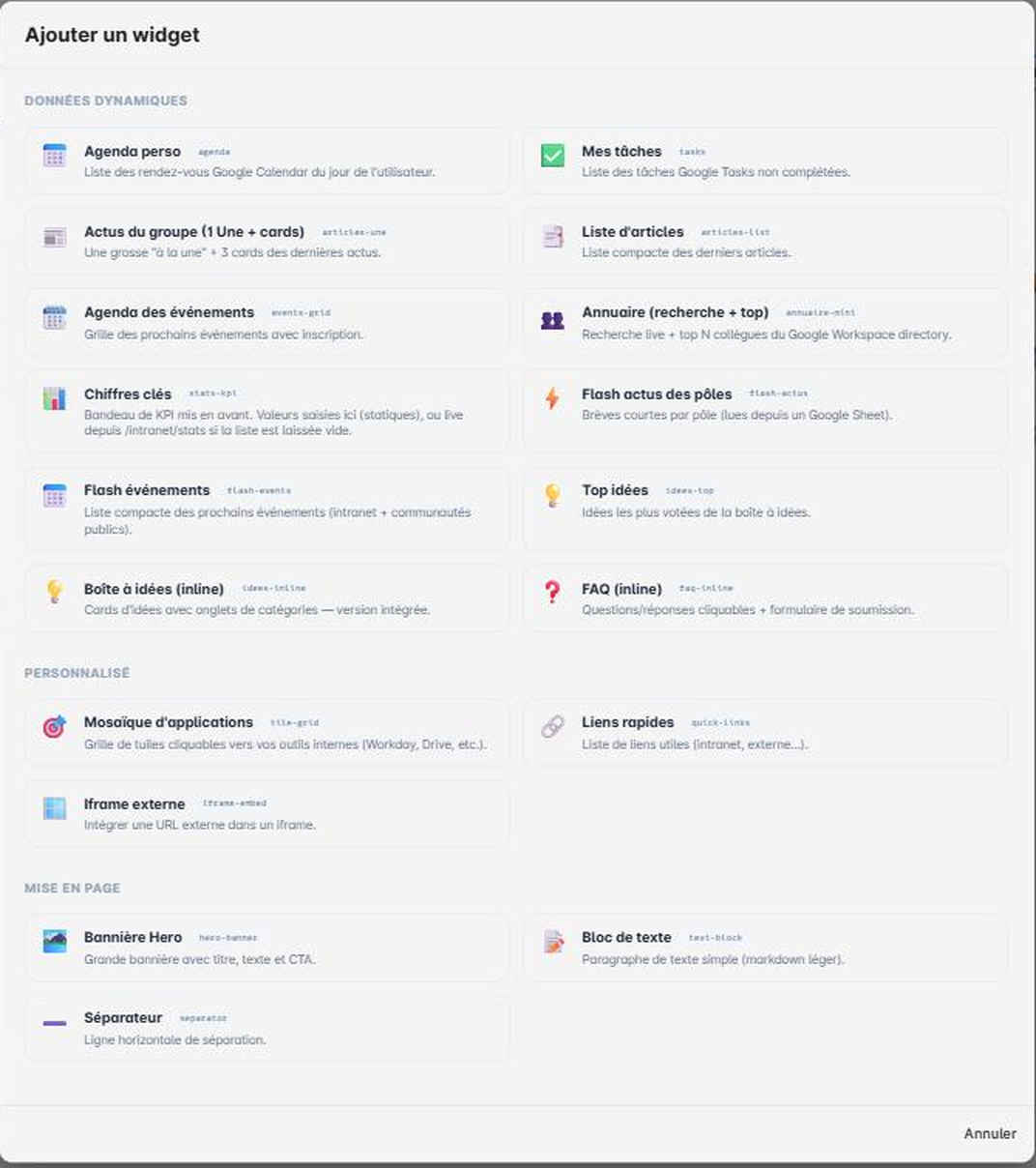 Catalogue des widgets disponibles
