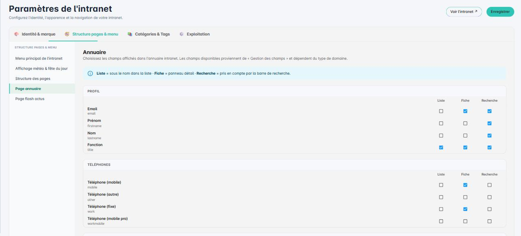 Configuration des champs de l'annuaire