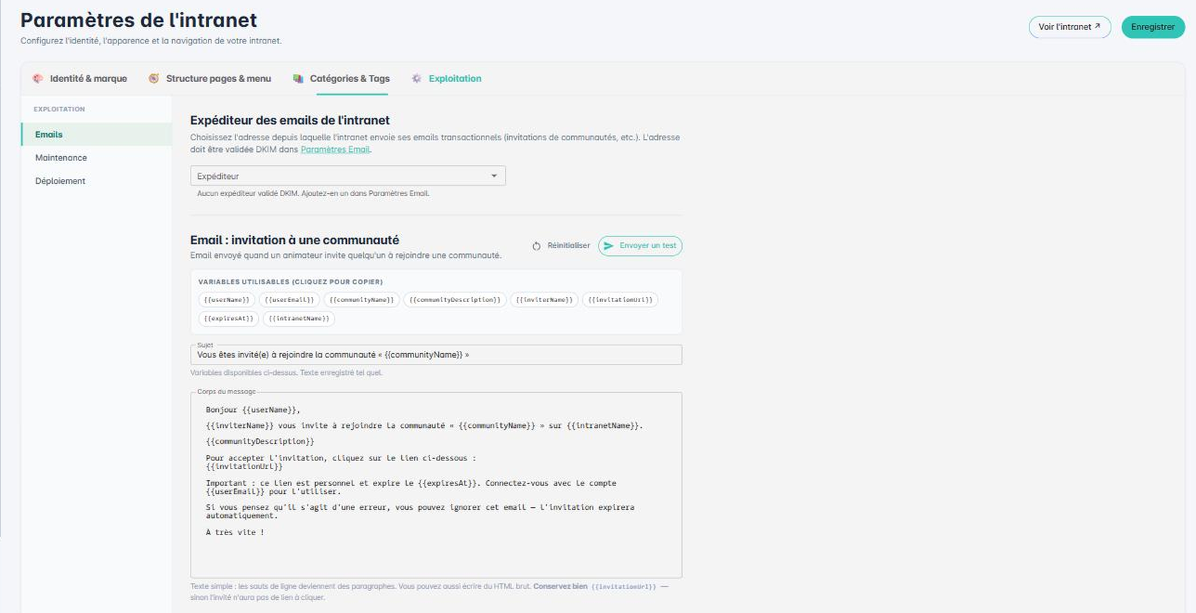 Configuration de l'expéditeur et du modèle d'e-mail