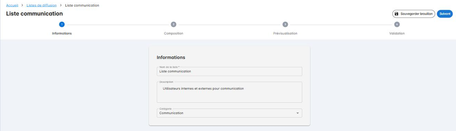 Étape 1 : informations de la liste