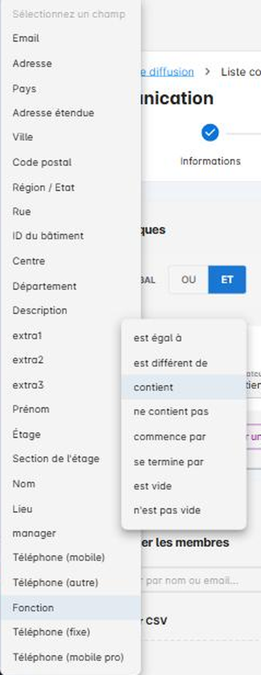 Les champs et les opérateurs disponibles