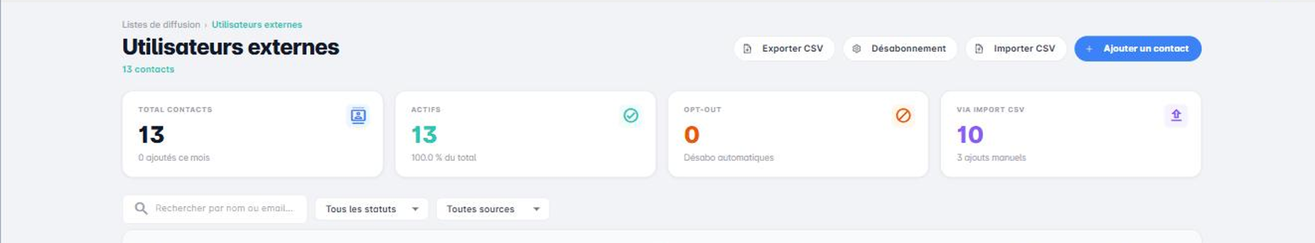 Écran Utilisateurs externes