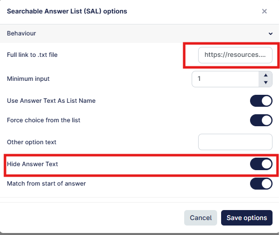 The image shows a user interface with a dropdown menu for various options related to a Searchable Answer List (SAL) on a website.
AI-generated content may be incorrect.
