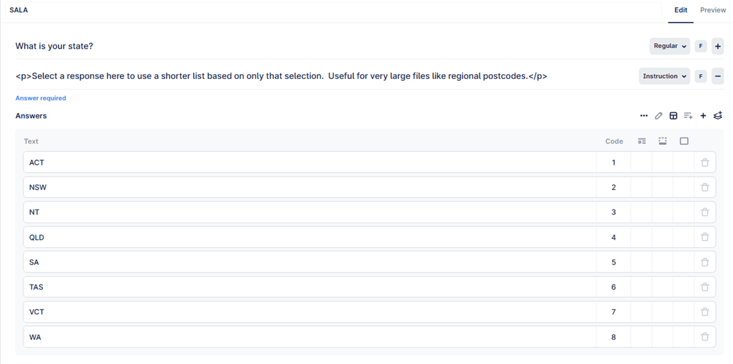 The image displays a form or input field for selecting a state, with a dropdown menu offering various options, such as ACT, NSW, NT, QLD, SA, TAS, VCT, and WA, along with a text field for entering a response.
AI-generated content may be incorrect.