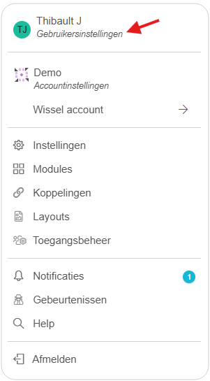 Ouvrir le menu utilisateur via l’adresse e-mail
