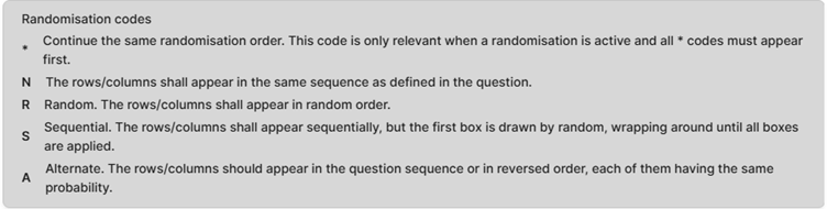 The text describes various randomisation codes used in questionnaire design, explaining different methods for arranging questions or answer choices.
AI-generated content may be incorrect.