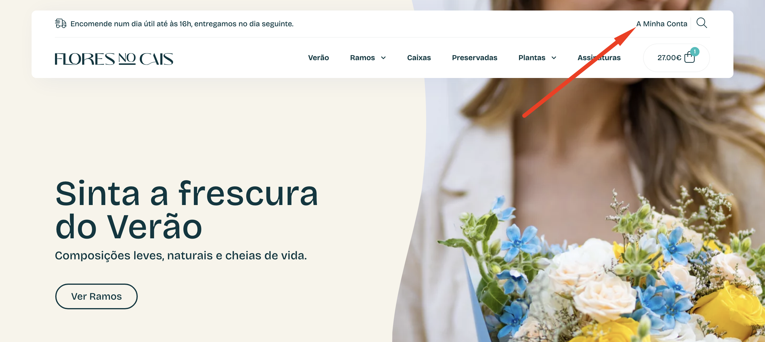 Passo 1: aceder a A Minha Conta no topo do site Flores no Cais