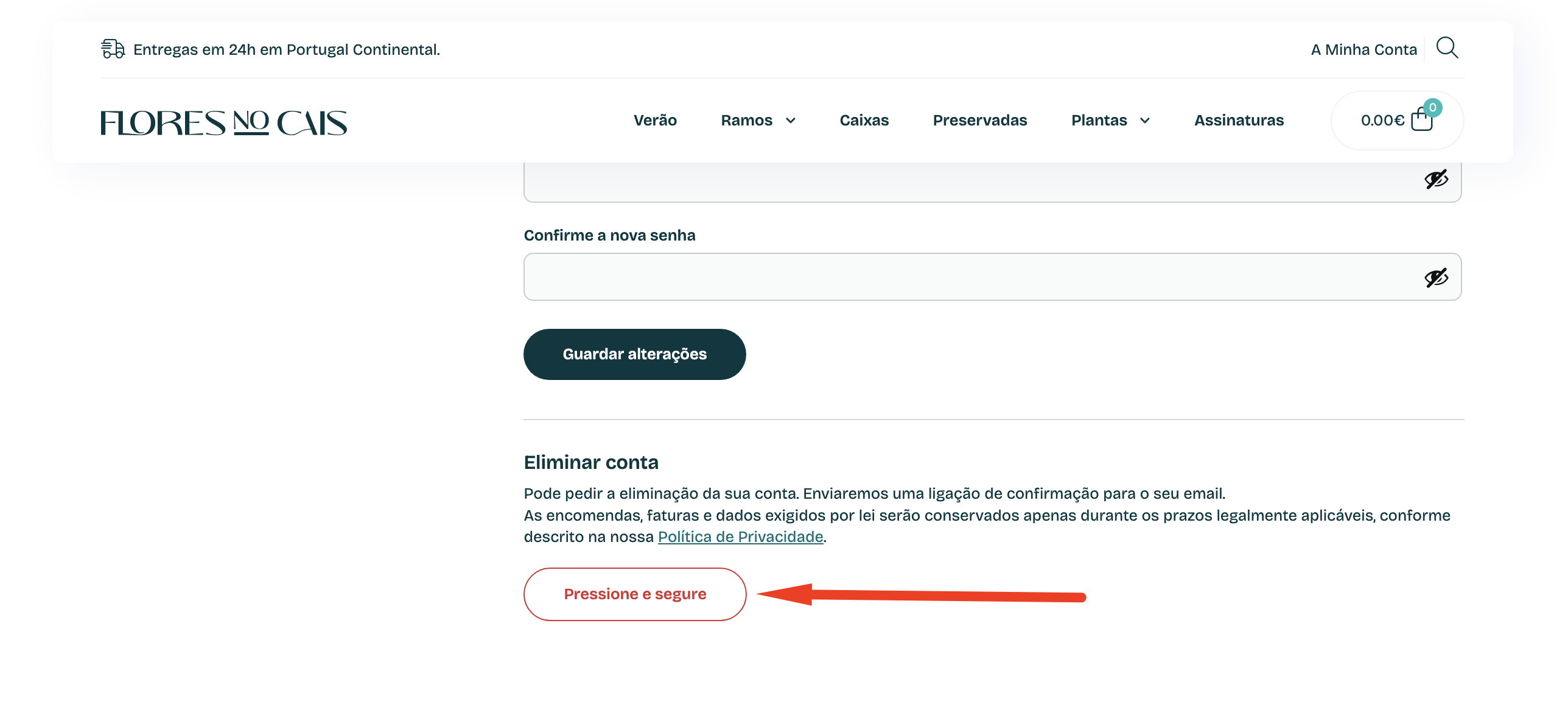 Passo 3: manter premido o botão Pressione e segure na secção Eliminar conta