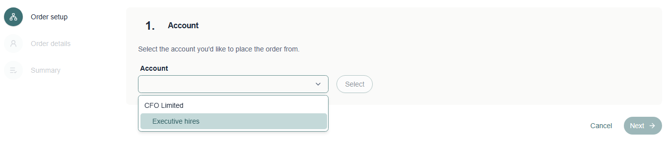 The account list, with Select beside it
