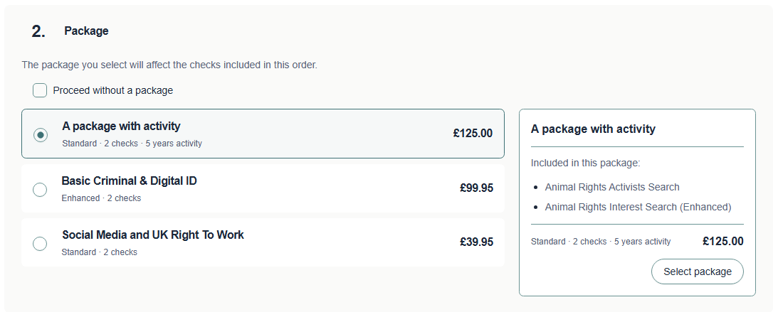 A package selected, showing the checks it includes and the Select package button