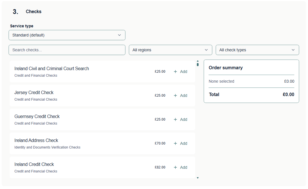 The list of checks with prices and an Add button beside each