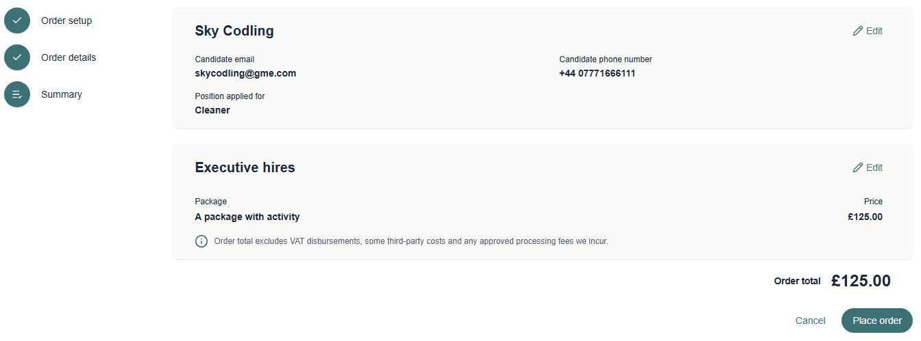 The order summary, with the order total and the Place order button