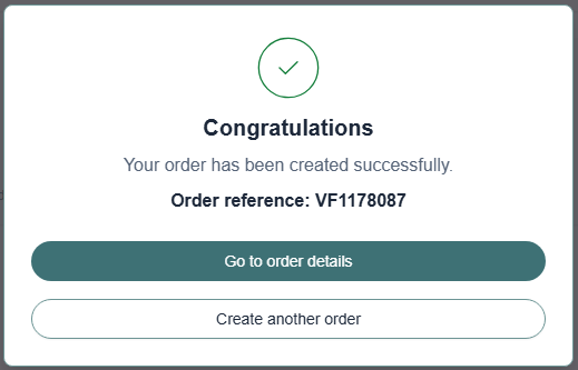 The confirmation screen showing the order reference