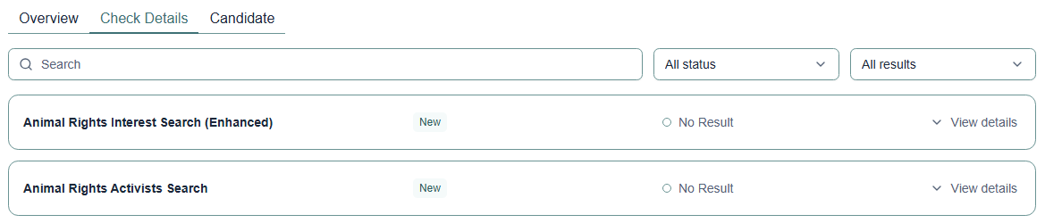 The check details tab, listing each check and its status