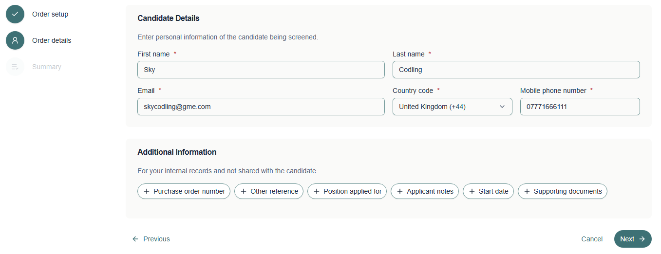 The candidate details form
