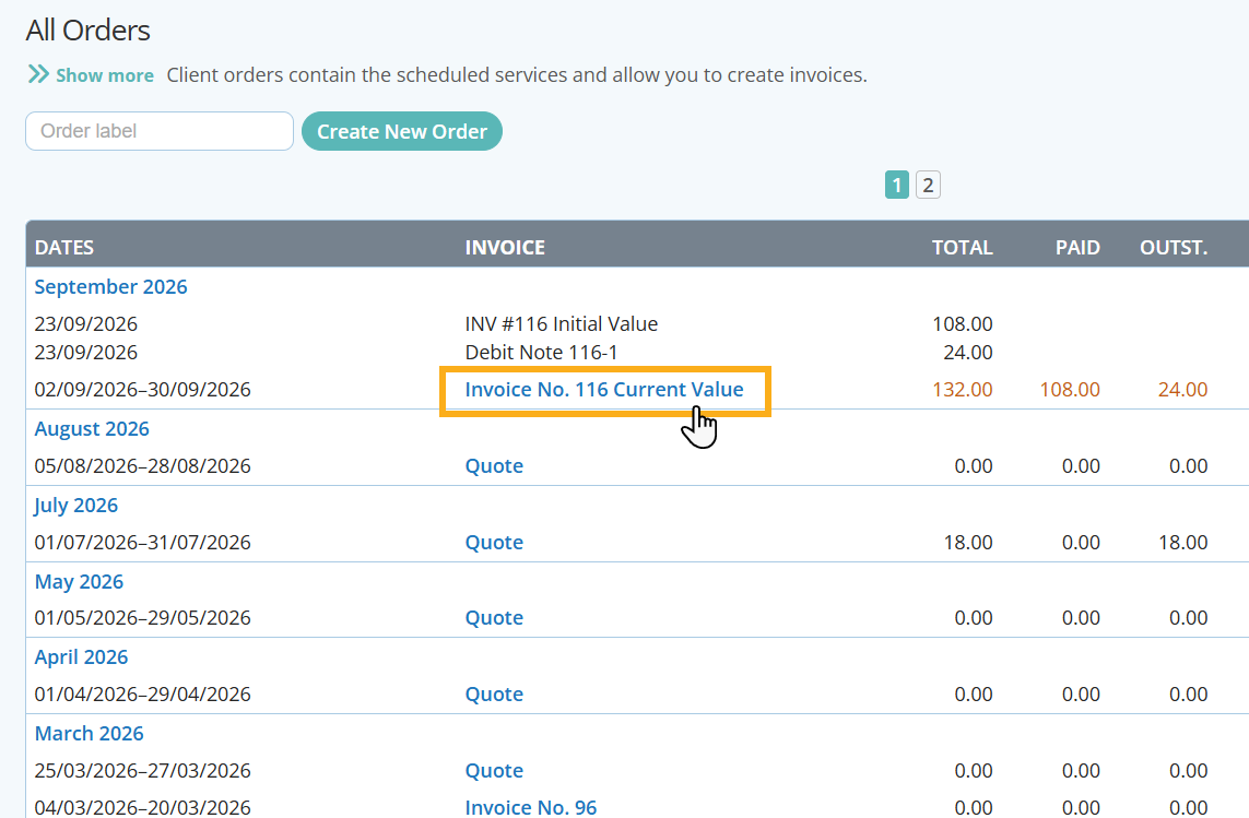 View a debit note on a client order in your cat sitting software