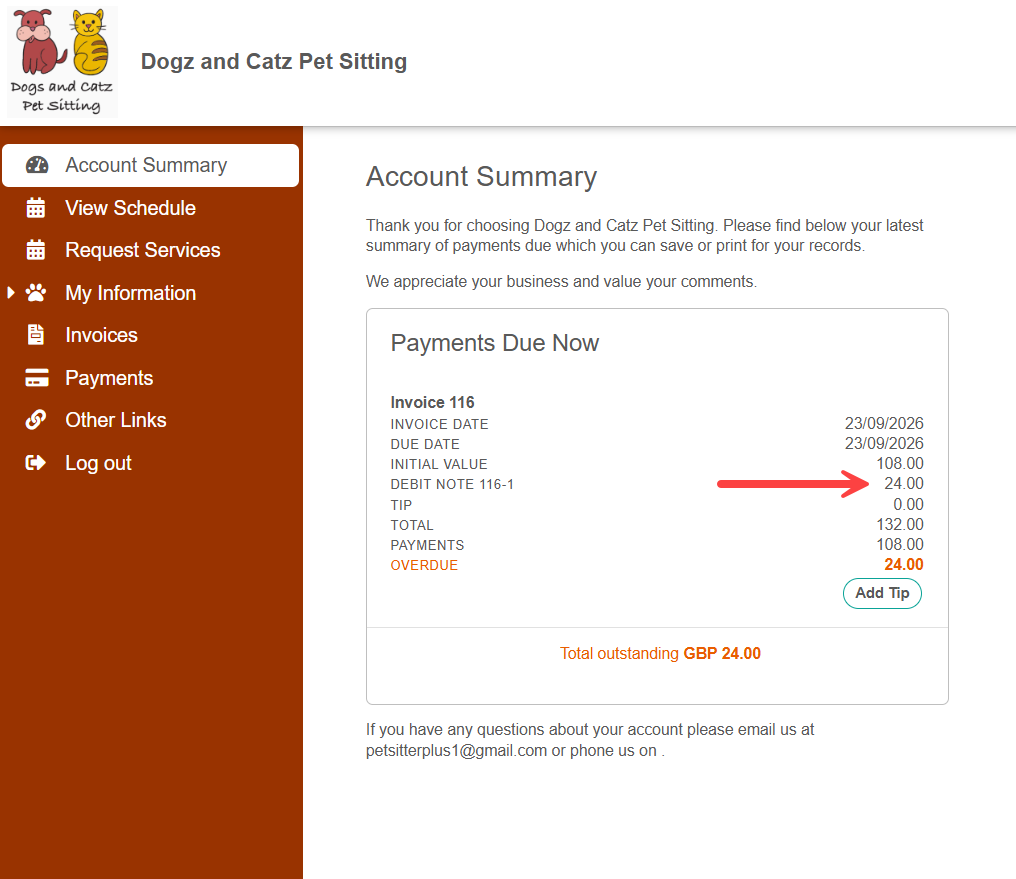 The account summary shows outstanding amounts due in Pet Sitter Plus