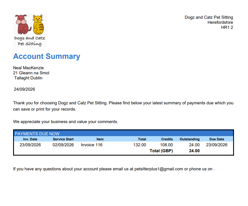 The account summary PDF the client sees in dog boarding software
