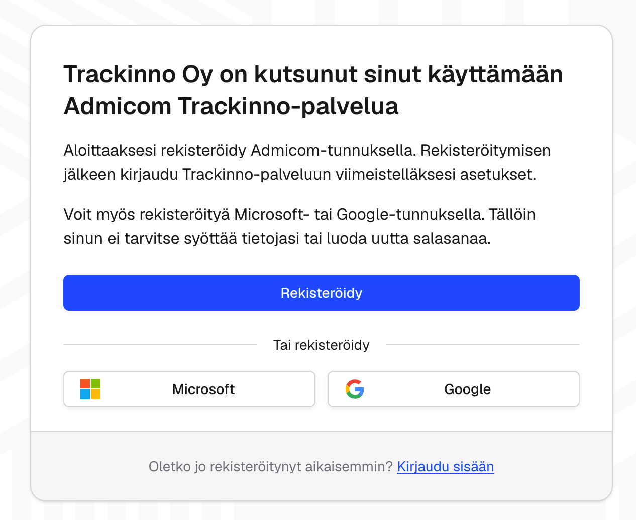 Admicomin sivu, jolla Admicom SSO-tunnus luodaan