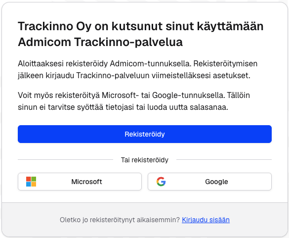 Admicomin kutsusivu: Rekisteröidy-painike sekä Microsoft- ja Google-vaihtoehdot ylhäällä, Kirjaudu sisään -linkki sivun alareunassa