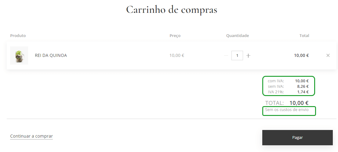 Página de carinho com preço incluindo imposto