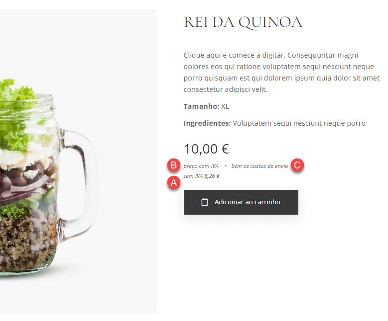 Página de produto com preço incluindo imposto