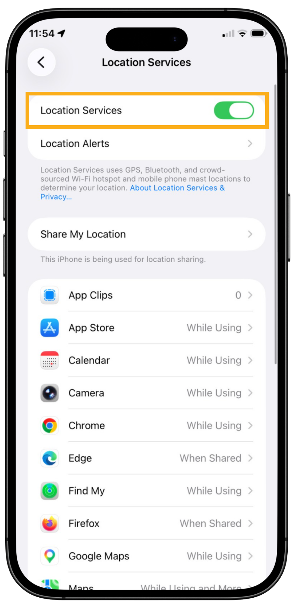 Phone Location Services screen with the Location Services toggle switched on.