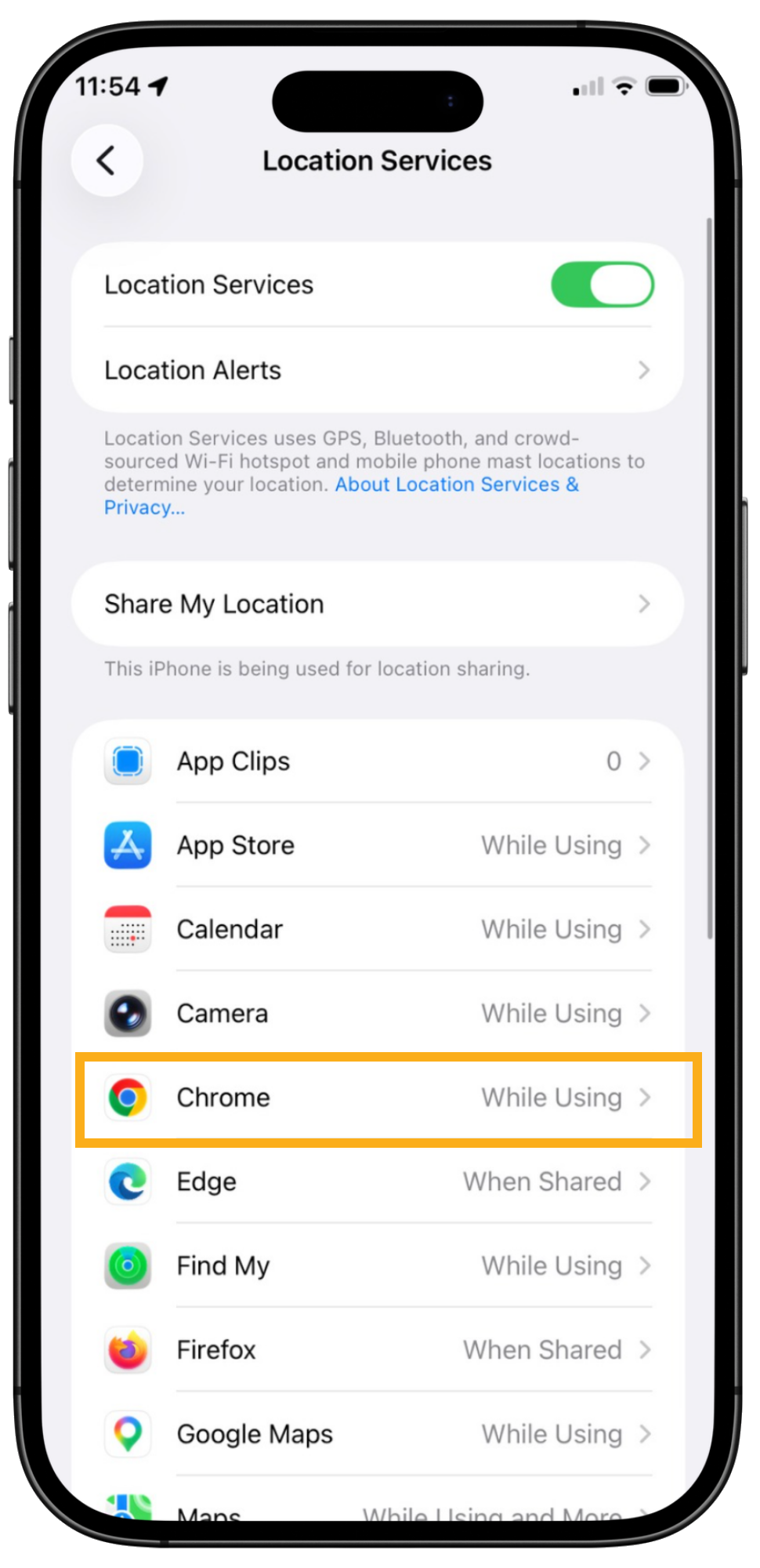 Phone Location Services settings for Chrome with While Using the App selected and Precise Location switched on.