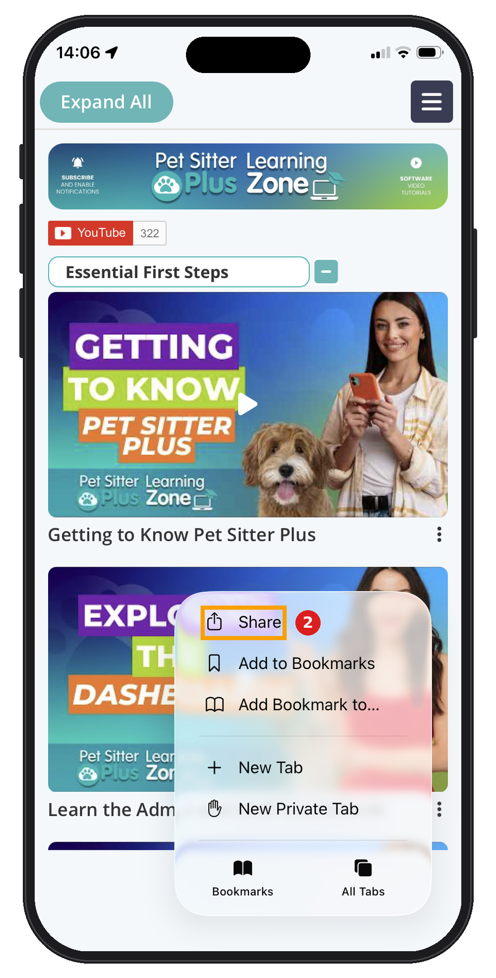 Safari on iPhone showing the Pet Sitter Plus login page, with the More button and the Share option highlighted.