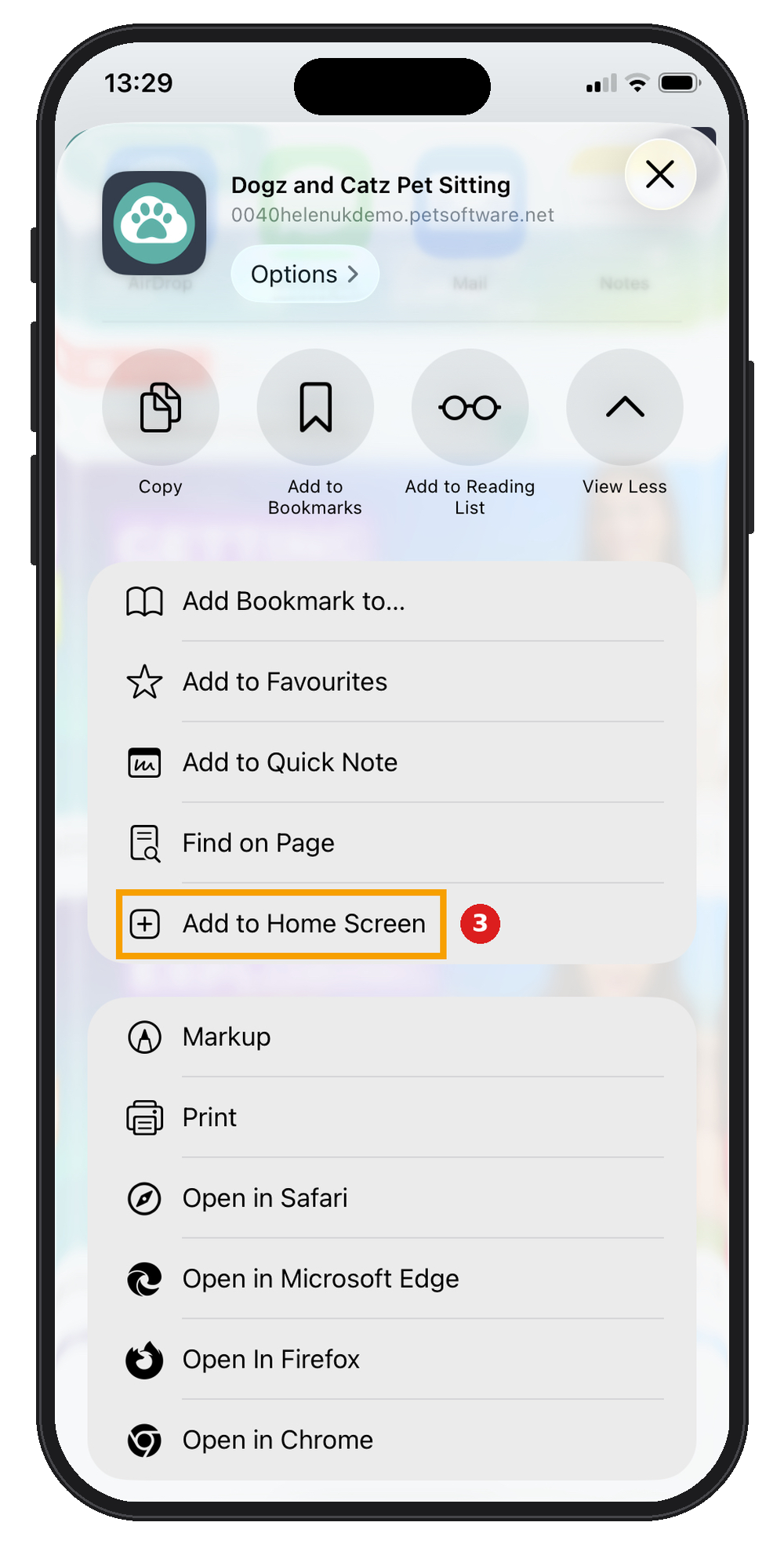 iPhone Share menu in Safari with Add to Home Screen highlighted.