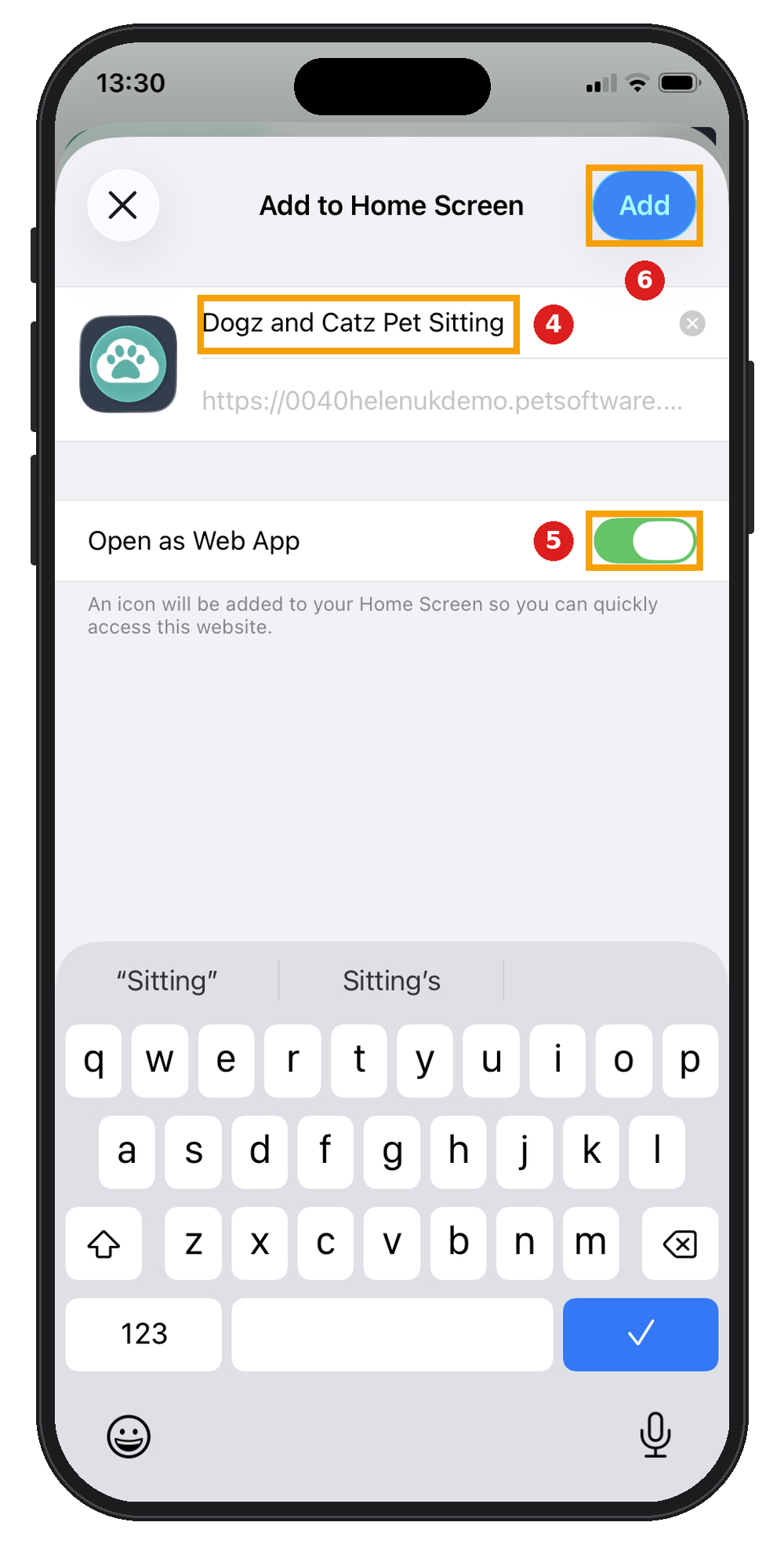 iPhone Add to Home Screen screen with the shortcut name, the Open as Web App switch and the Add button highlighted.