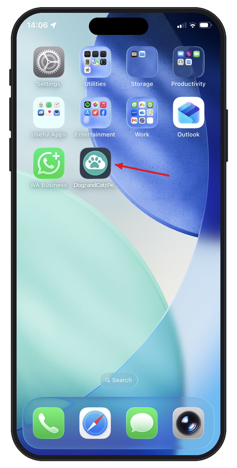 iPhone Home Screen with a red arrow pointing to the new Pet Sitter Plus shortcut icon.