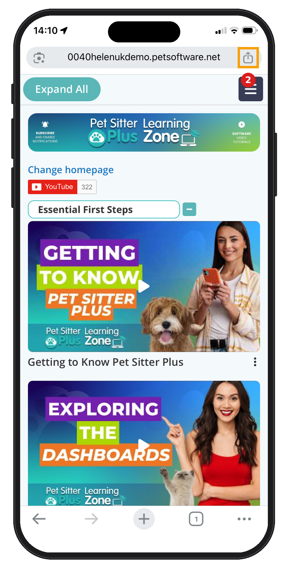 Chrome on iPhone showing the Pet Sitter Plus login page with the Share button highlighted in the address bar.