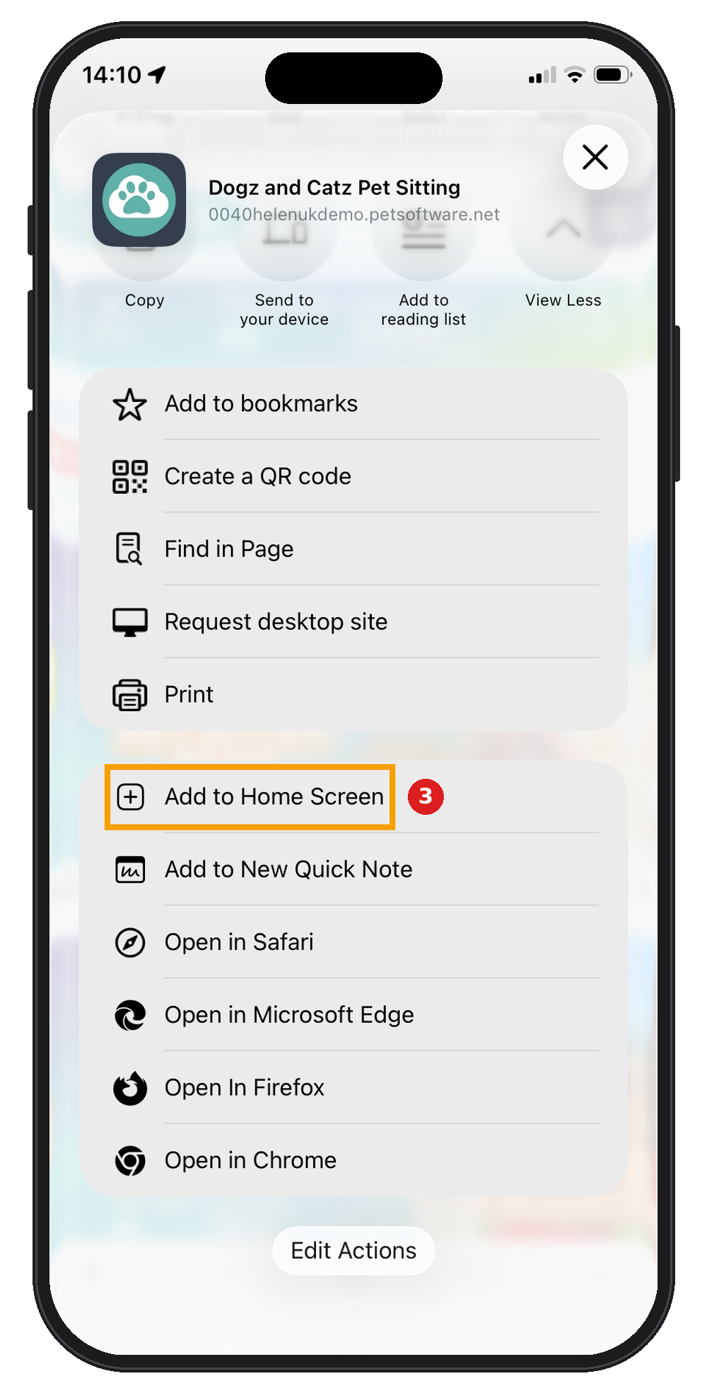 iPhone Share menu in Chrome with Add to Home Screen highlighted.