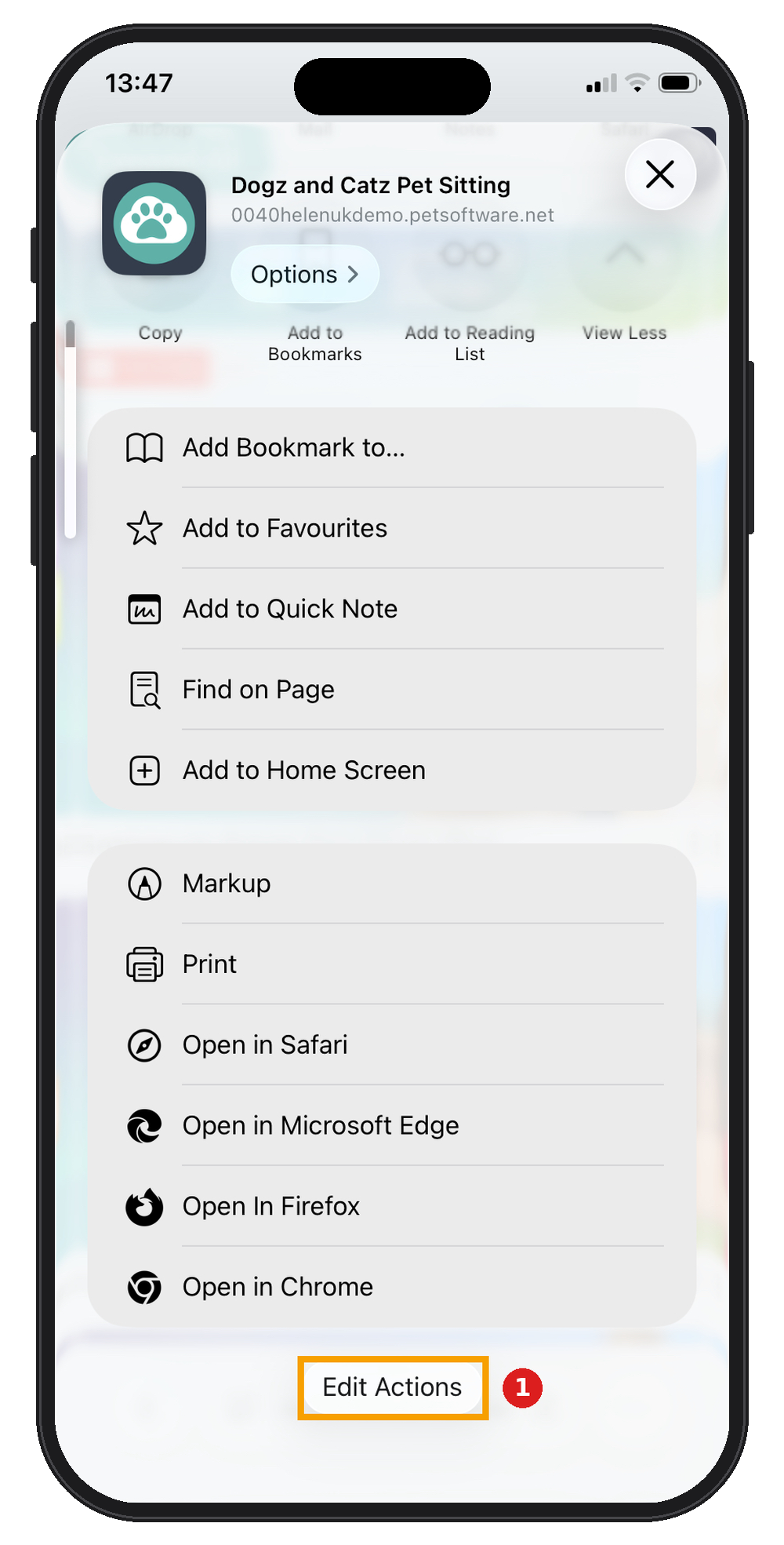 Bottom of the iPhone Share menu with the Edit Actions button highlighted.