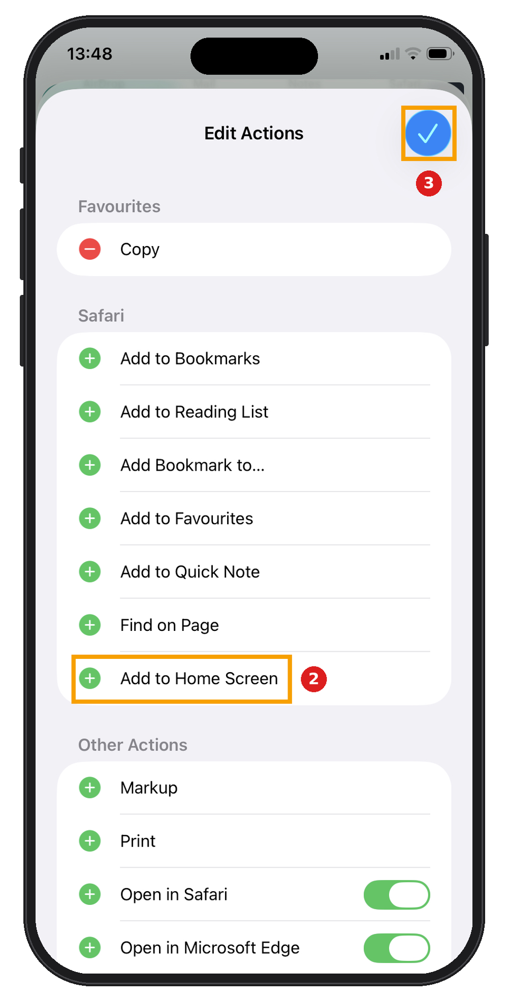 iPhone Edit Actions screen with the plus button next to Add to Home Screen and the blue tick highlighted.
