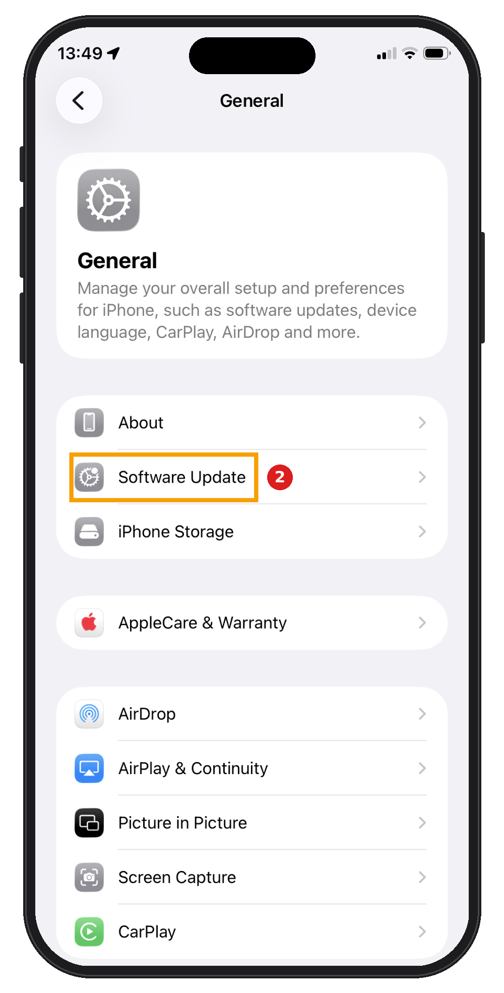 iPhone General settings with Software Update highlighted.