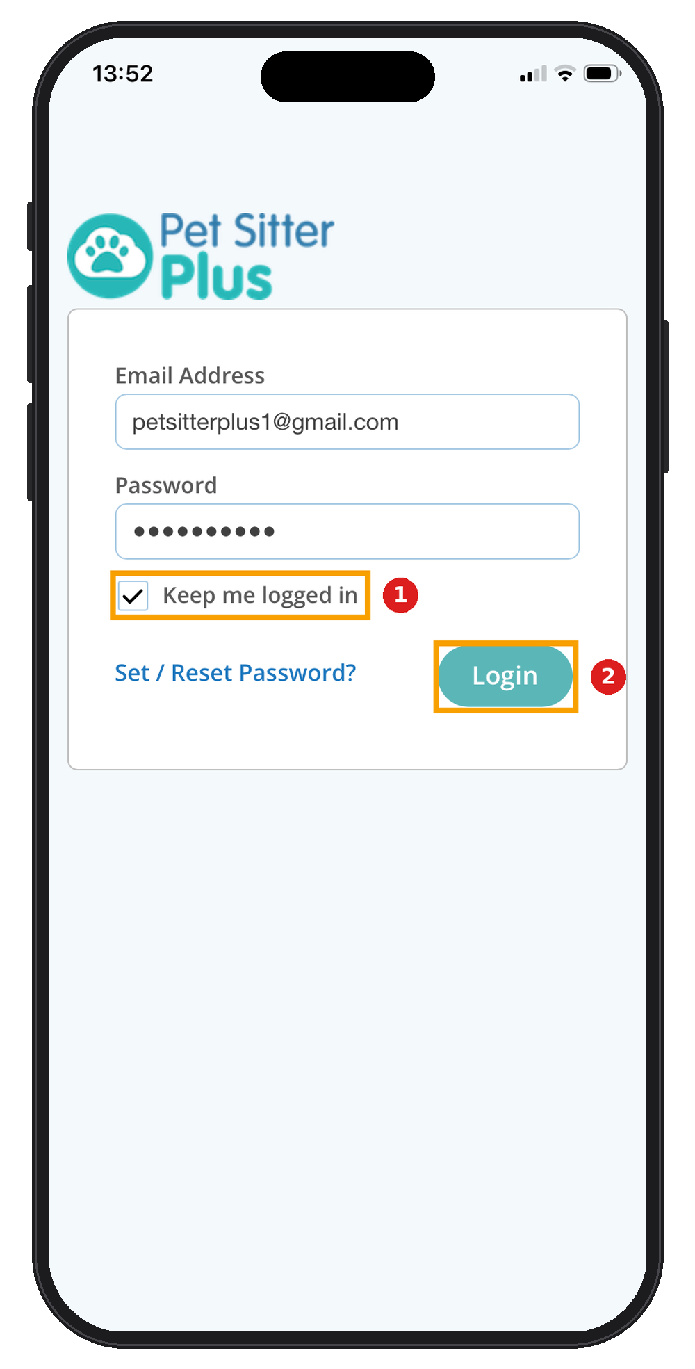 Pet Sitter Plus login screen on iPhone with the Keep me logged in checkbox and the Login button highlighted.
