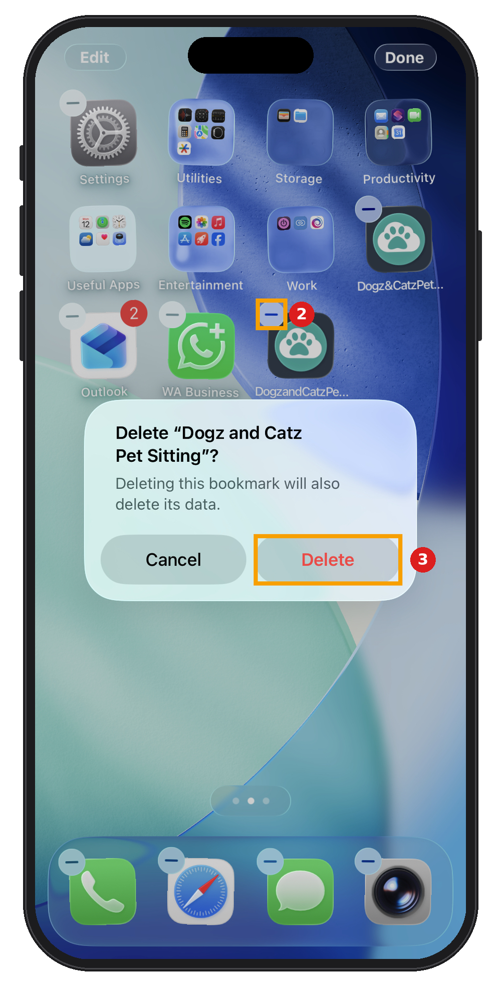 iPhone Home Screen in edit mode with the minus button on the Pet Sitter Plus shortcut and the Delete button highlighted.