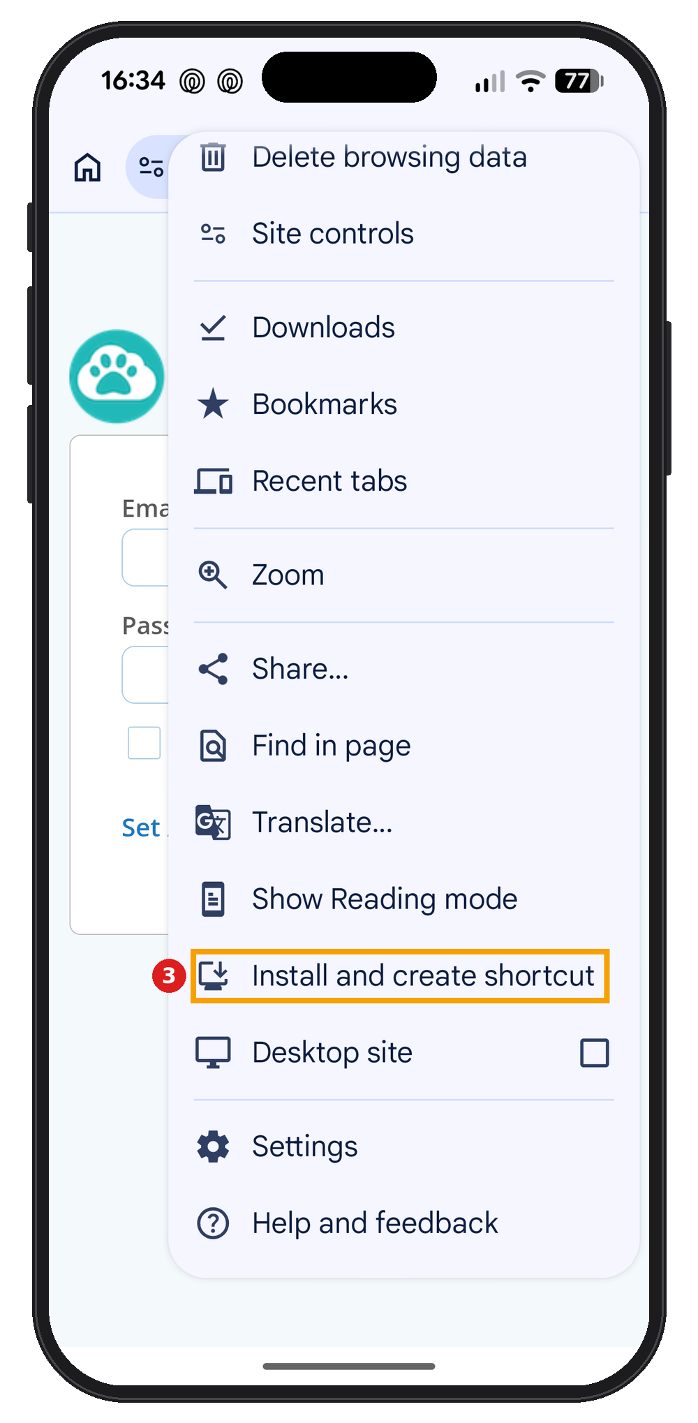 Chrome on Android with the More menu open and Install and create shortcut highlighted.