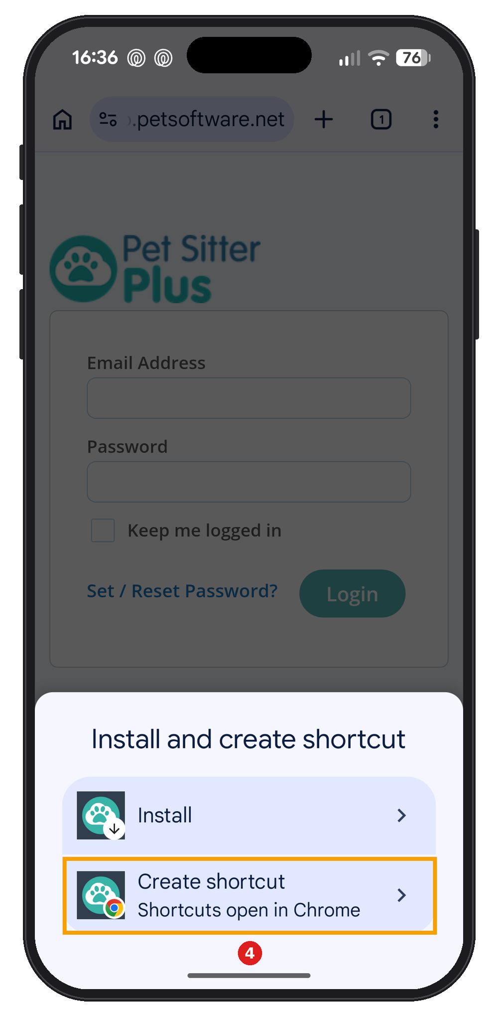 Chrome Install and create shortcut panel on Android with the Create shortcut option highlighted.