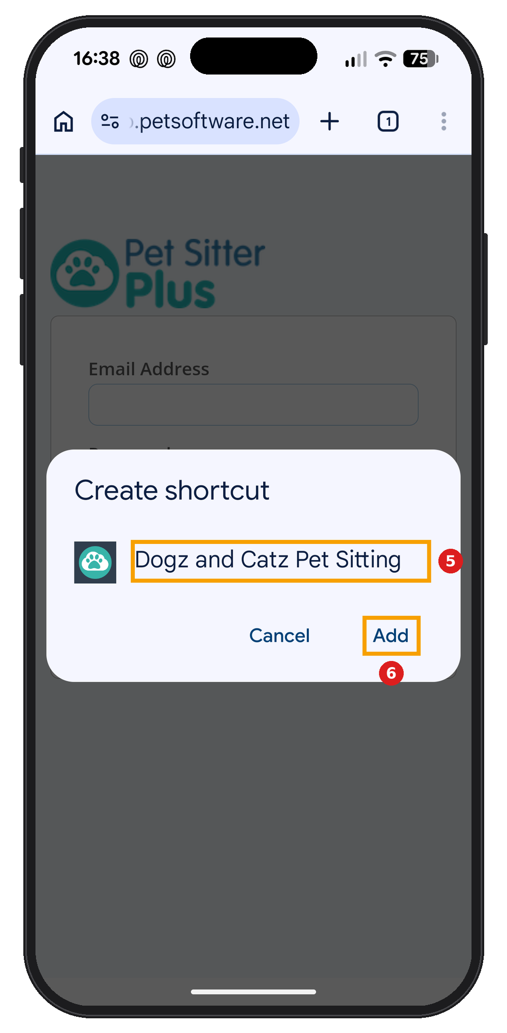 Chrome Create shortcut box on Android with the shortcut name and the Add button highlighted.