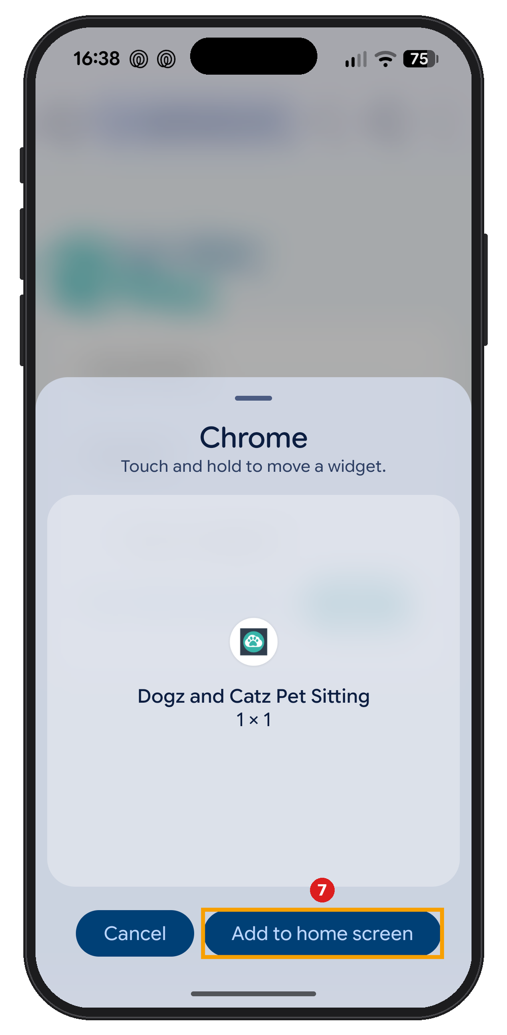 Android panel showing the Pet Sitter Plus shortcut with the Add to home screen button highlighted.