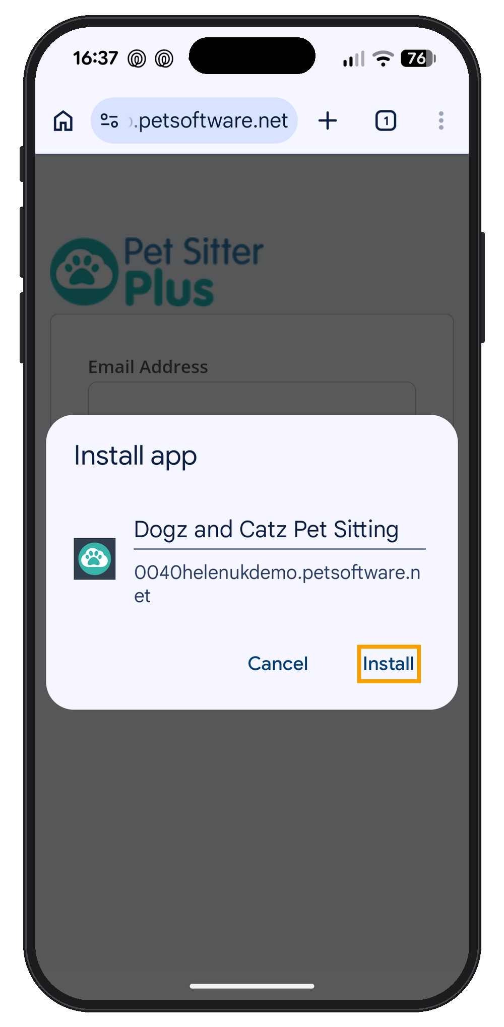 Chrome Install box on Android showing the business name with the Install button highlighted.