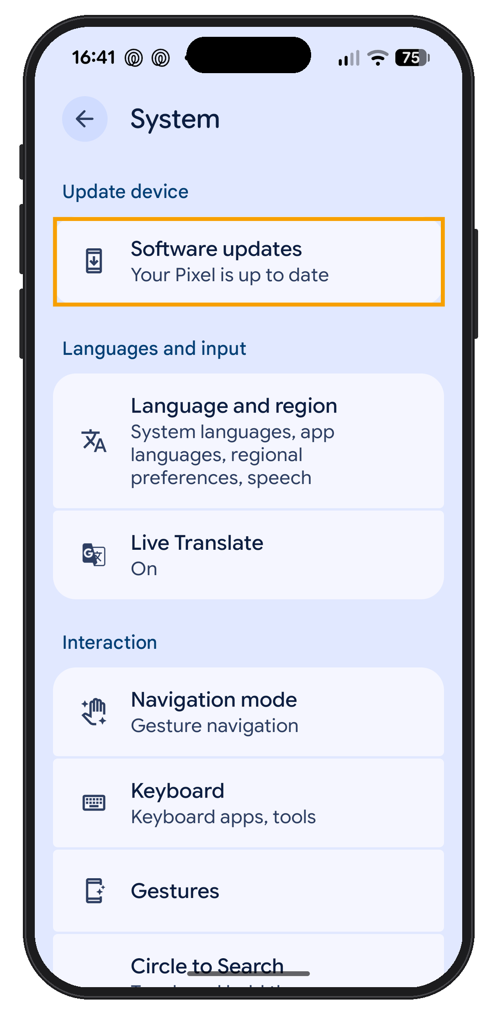 Android System settings with Software updates highlighted.