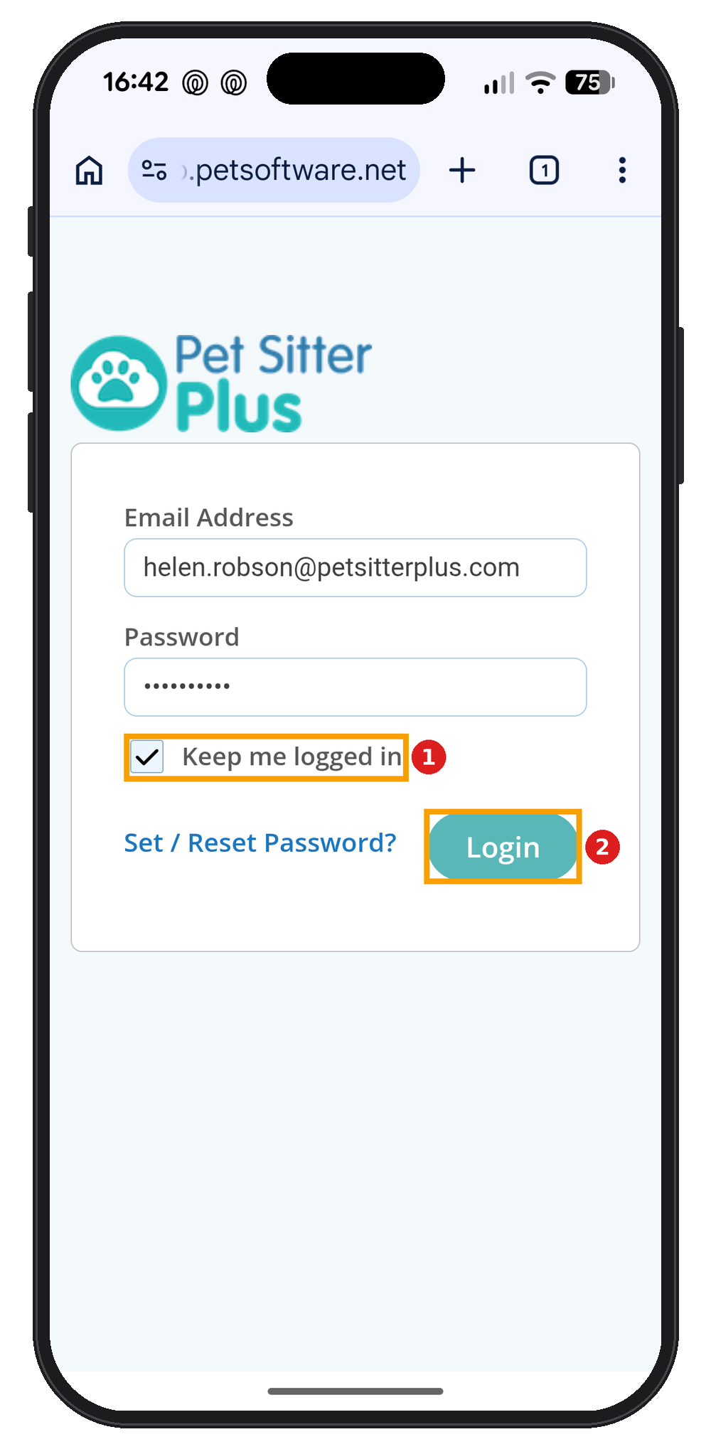 Pet Sitter Plus login screen on Android with the Keep me logged in checkbox and the Login button highlighted.