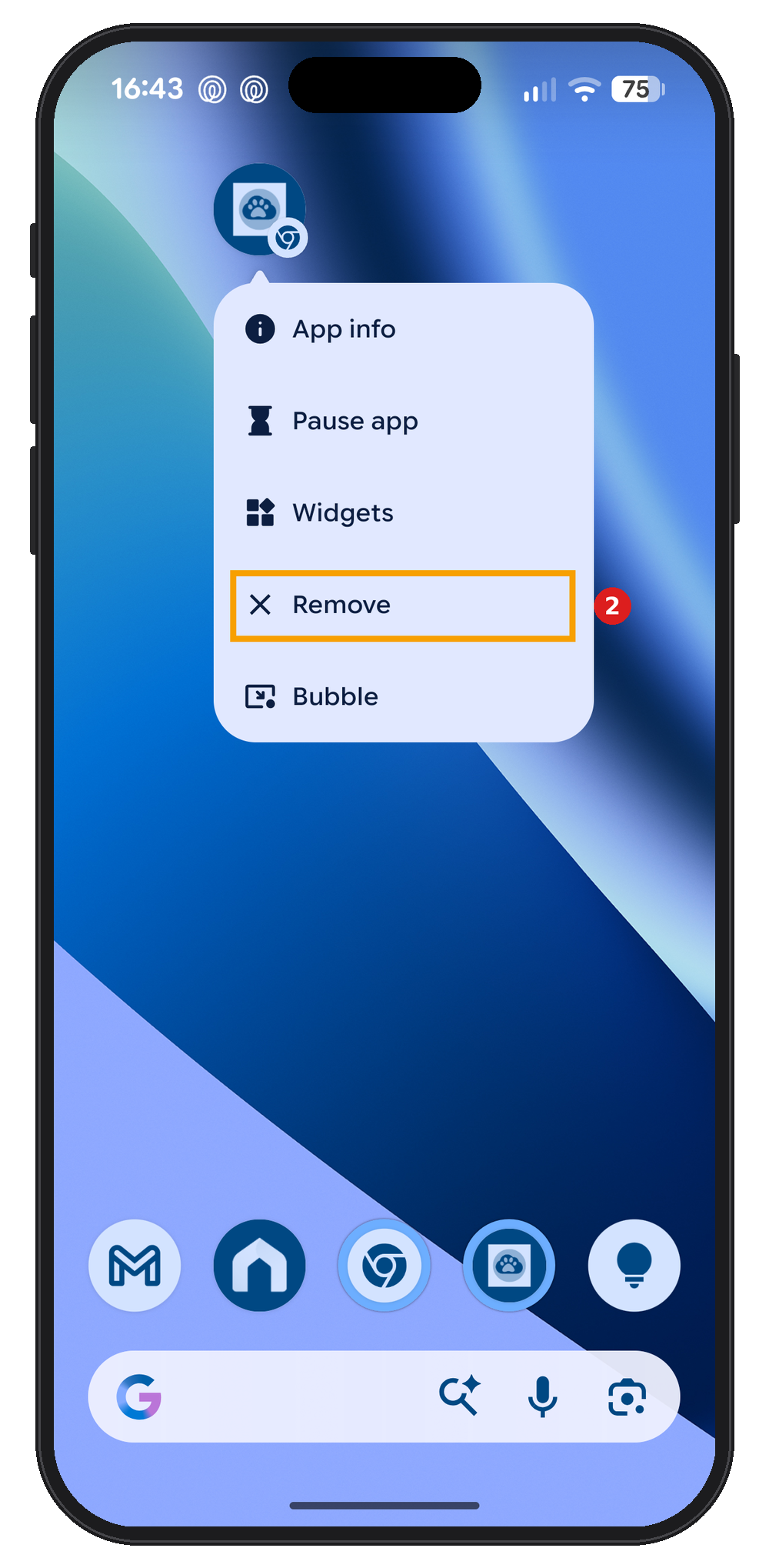 Android home screen menu for the Pet Sitter Plus shortcut with Remove highlighted.