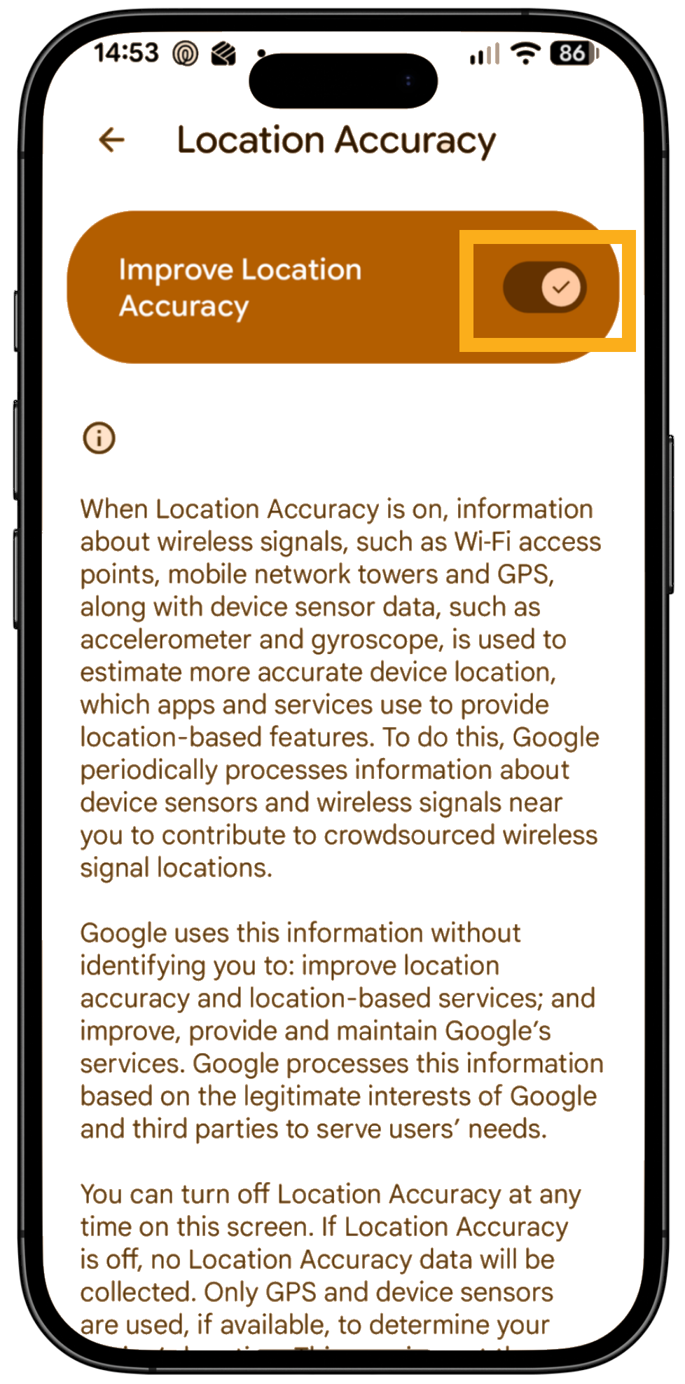 Switch on Location Accuracy on a mobile device to improve GPS accuracy whilst using Pet Sitter Plus