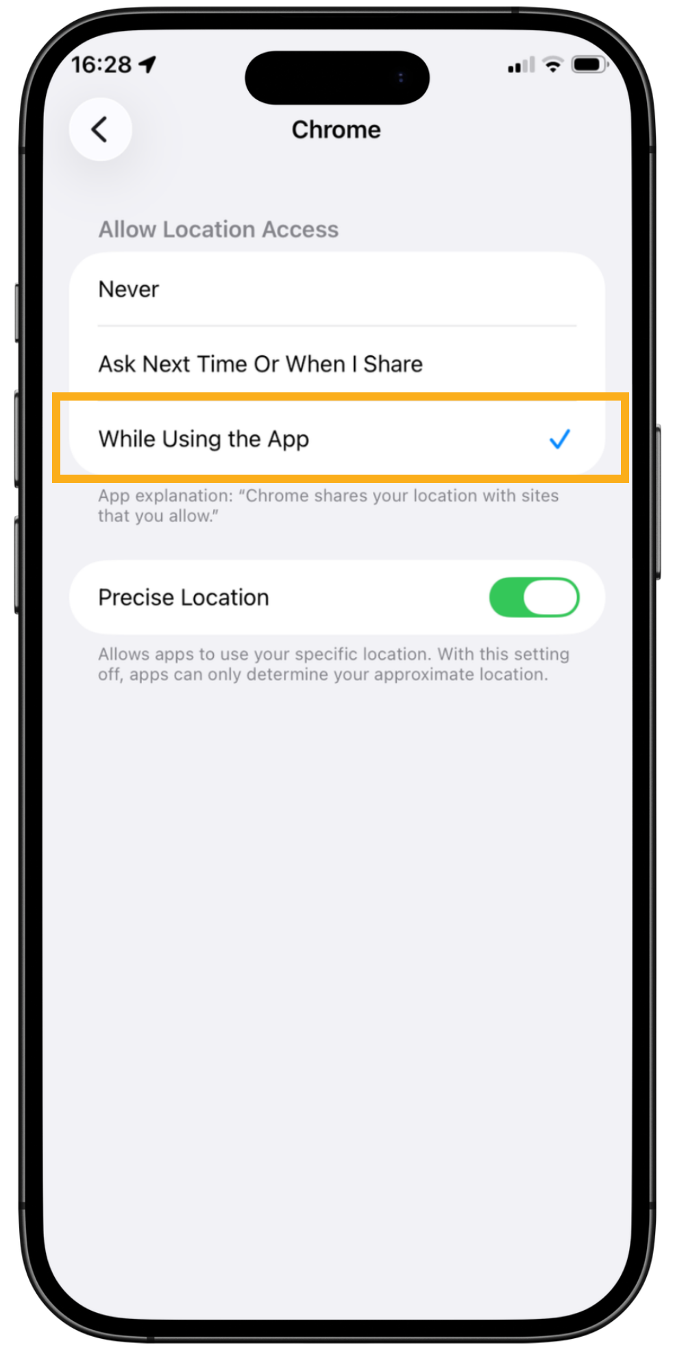 iPhone Location Services settings for Chrome with While Using the App selected and Precise Location switched on.
