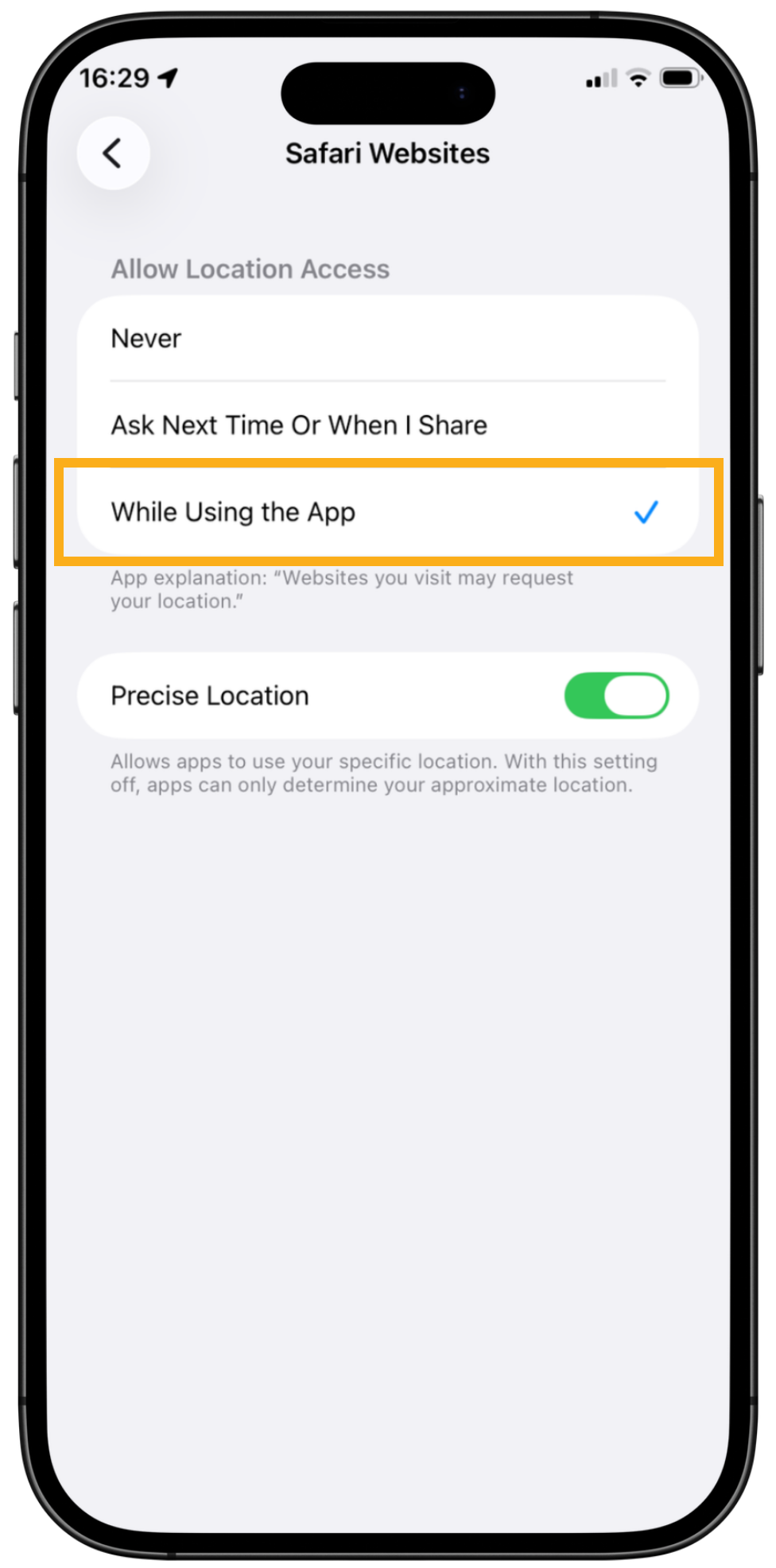 iPhone Location Services settings for Safari Websites with While Using the App selected and Precise Location switched on.
